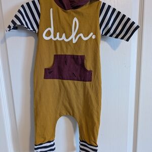 Rags to Raches Mustard One-Piece Romper with Burgundy Hood & Pocket